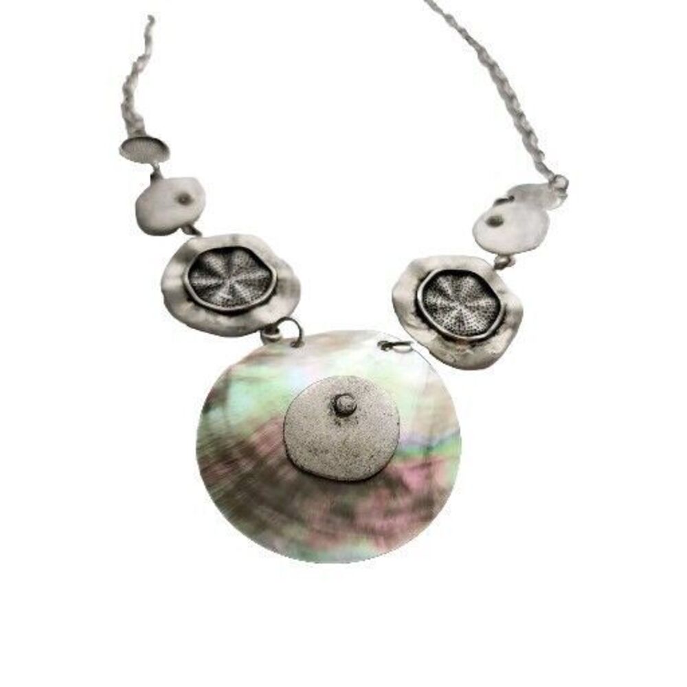 Vintage‎ VCLM 20" shell Necklace Round Abalone Pendant Rhinestones Silver Boho